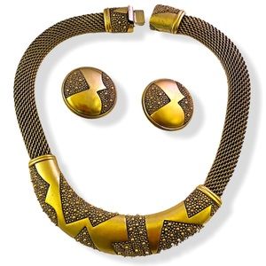 Vintage MONET textured antiqued gold-tone collar necklace & earring set